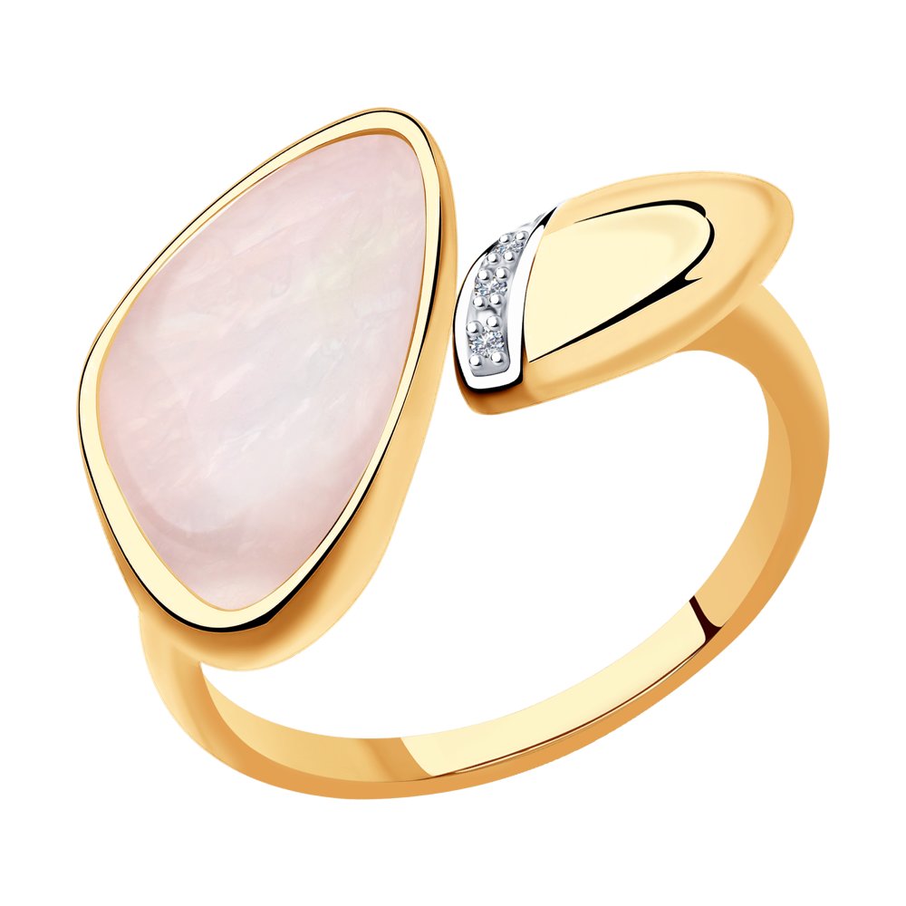 Кольцо из золота с бриллиантами и дуплетом из натурального кварца и перламутра
