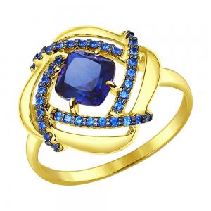 Кольцо из желтого золота с синим корунд (синт.) и синими фианитами