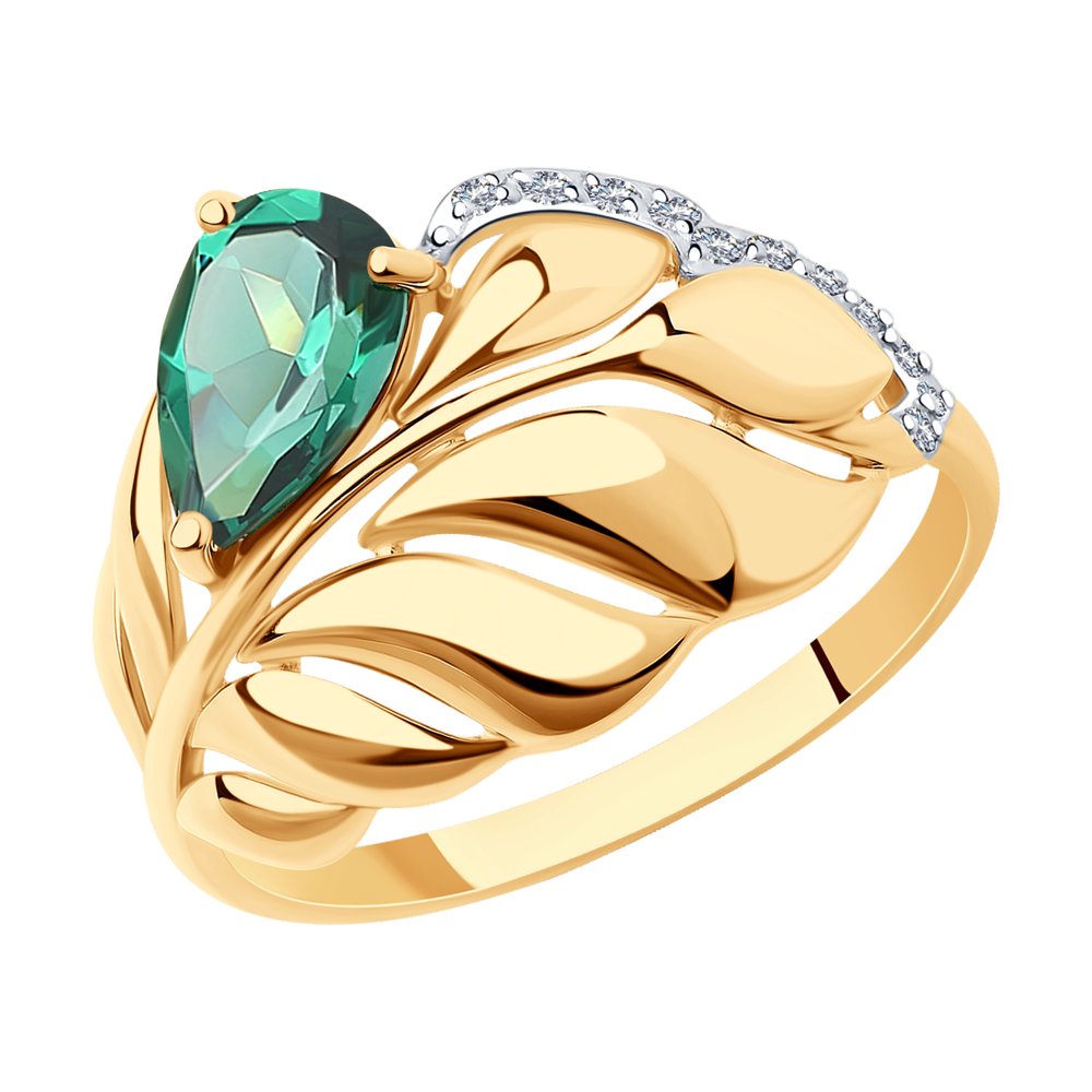 Roodiumiga kaetud kullast sõrmus hüdrotermilise smaragdi ja kuupmeetrilise tsirkooniga