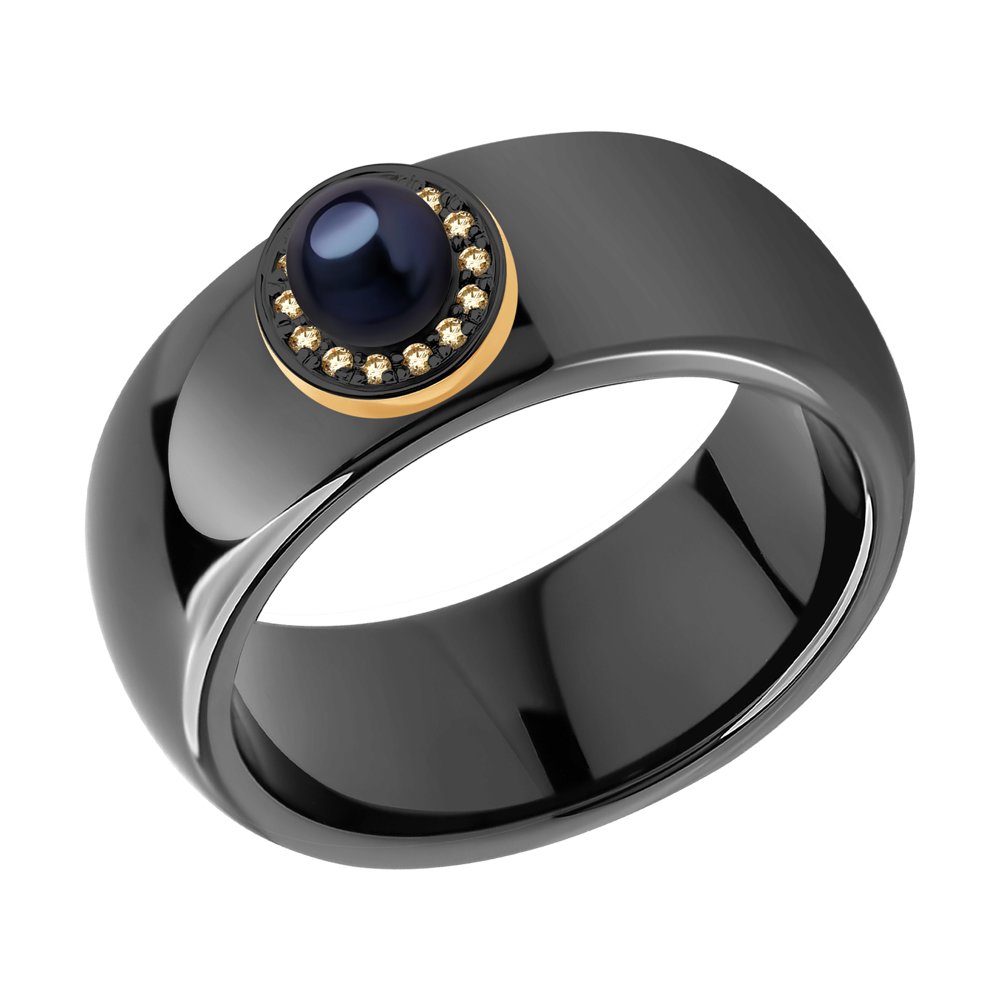 Керамическое кольцо с золотом, жемчугом и бриллиантами