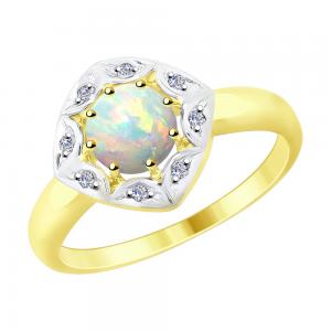 Kollasest kullast sõrmus teemantide ja opaaliga