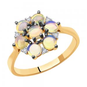 Roodiumiga kaetud kuldsõrmus teemantide ja opaalidega