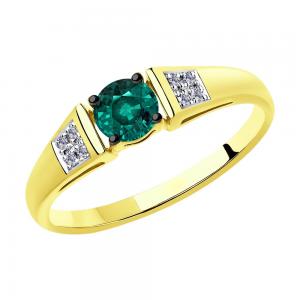 Sõrmus kollasest kullast teemantide ja hüdrotermilise smaragdiga